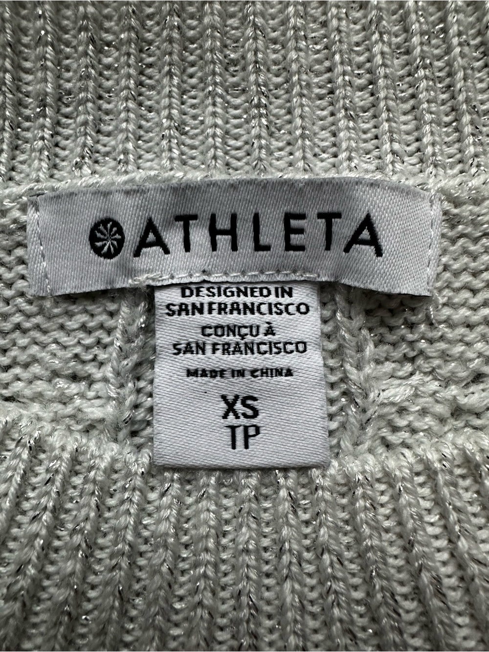 Athleta Silver Metallic Crossroads Cable Knit Merino Blend Sweater XS Soft - Picture 3 of 6